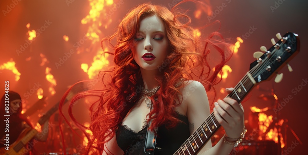 A woman with red hair is playing a guitar in front of a fire