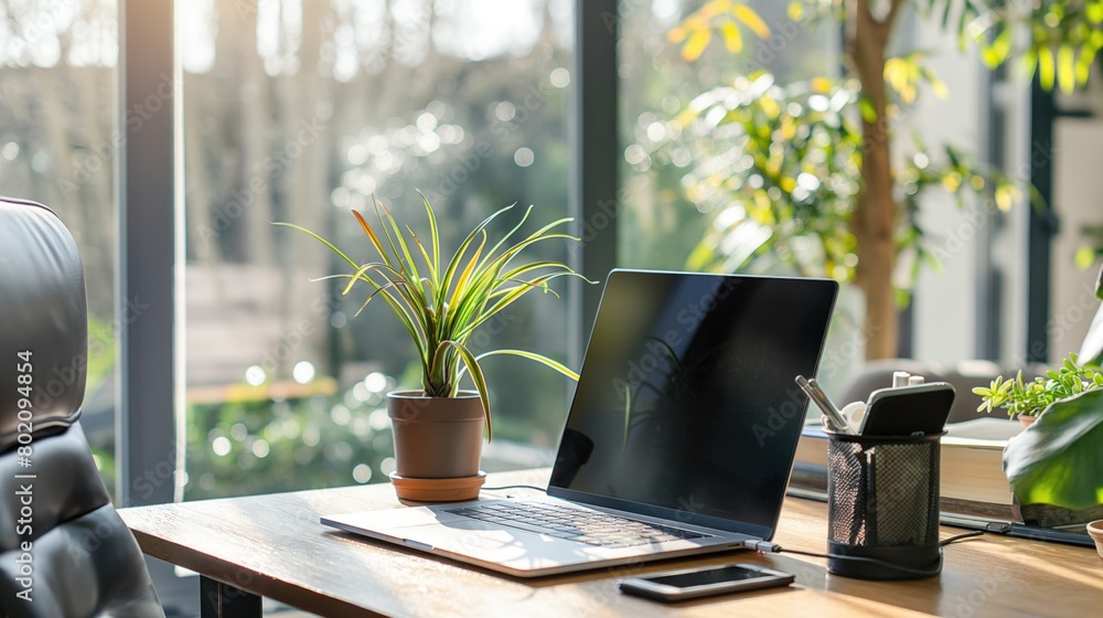 Fototapeta premium Neatly arranged morning light business office table with laptop, mobile phone and mouse and green plants