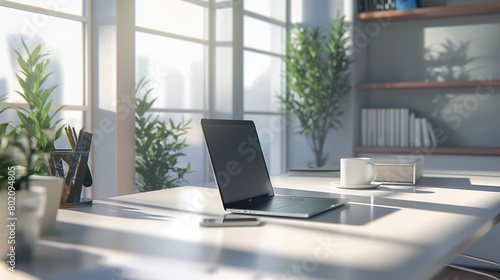 Wallpaper Mural Neatly arranged morning light business office table with laptop, mobile phone and mouse and green plants Torontodigital.ca