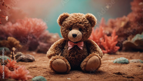 Enchanting Brown Teddy Bear Stuffed Animal on Delightful Coral Background. photo