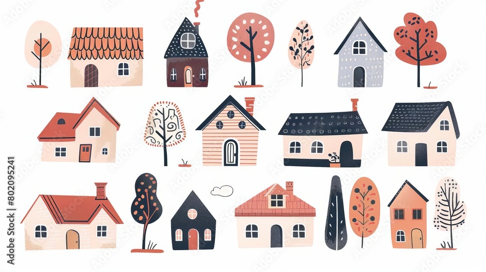 Set of isolated cute tiny houses, small buildings and trees in Scandinavian style Trendy urban and village homes with windows, roof tiles and chimneys with smoke Colored flat vector illustration