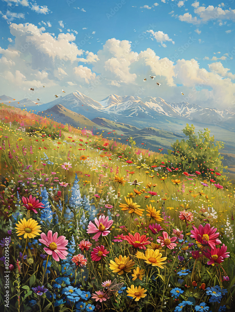 landscape of a vibrant meadow under a clear blue sky, with a variety of colorful flowers blooming, bees buzzing around, and a distant mountain range in the background