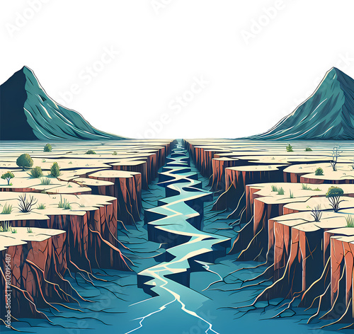 Seamless landscape with dry cracked vast land dry river and blue mountain, drought painting cartoon style, broken rock design, narrow canal image, transparent PNG, 