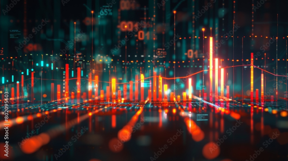 Glowing light market chart of business glowing stock graph or investment financial data profit on growth money diagram background with diagram exchange information. 3D rendering.