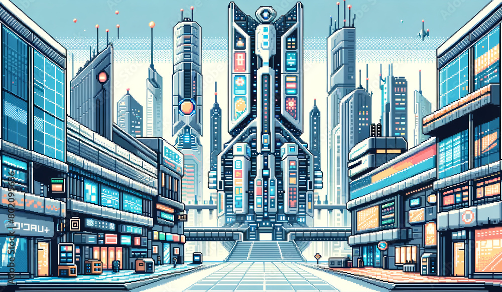 futuristic city with building modern technology infrastructure pixel art illustration