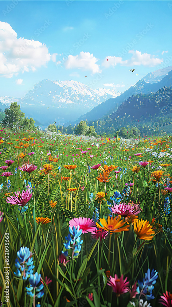Fototapeta premium landscape of a vibrant meadow under a clear blue sky, with a variety of colorful flowers blooming, bees buzzing around, and a distant mountain range in the background
