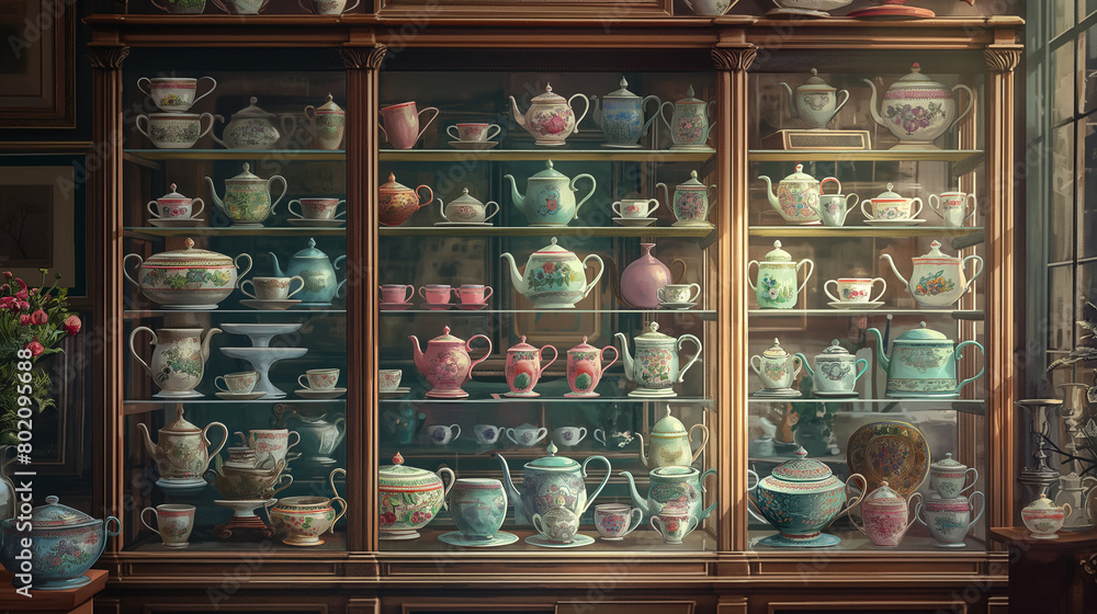 many teapots and teacups on wooden shelves in front of a frosted glass window