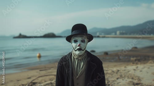 A beachside mime performance with a mime acting out stories without words.