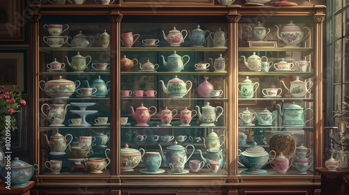 many teapots and teacups on wooden shelves in front of a frosted glass window