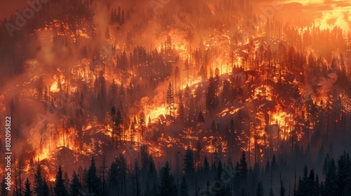 Nature's Wrath Unleashed: A raging wildfire engulfs a lush forest, leaving charred trees, smoldering embers, and suffocating smoke