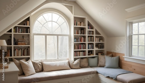 A dormer window with a cozy reading nook and built in bookshelves photo