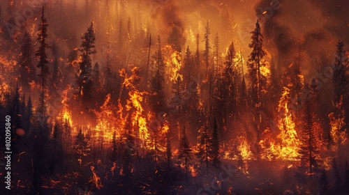 Nature's Wrath Unleashed: A raging wildfire engulfs a lush forest, leaving charred trees, smoldering embers, and suffocating smoke