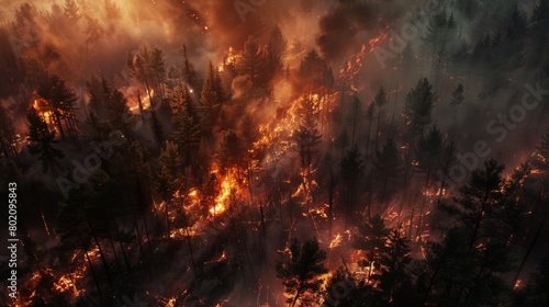 Nature's Wrath Unleashed: A raging wildfire engulfs a lush forest, leaving charred trees, smoldering embers, and suffocating smoke photo