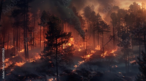 Nature's Wrath Unleashed: A raging wildfire engulfs a lush forest, leaving charred trees, smoldering embers, and suffocating smoke