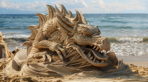 A beachside sand sculpture, depicting a mythical creature emerging from the shore.