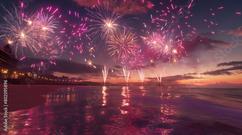 A beachside fireworks display celebrating a summer festival. photo