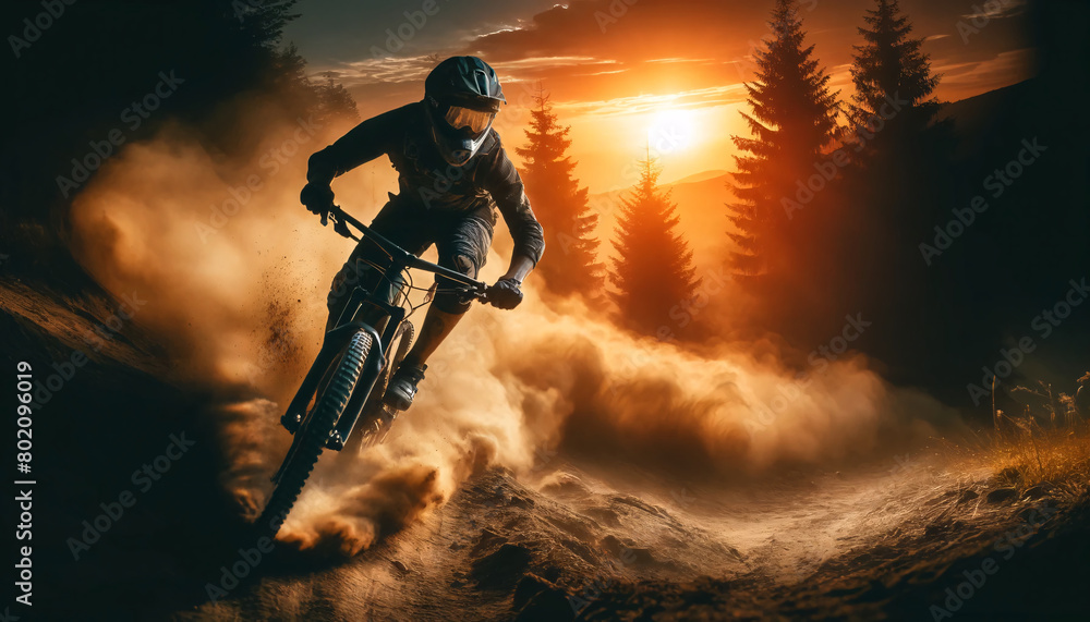 a mountain biker descending a dusty trail at sunset a mountain biker descending a dusty trail at sunset