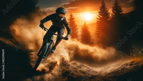a mountain biker descending a dusty trail at sunset