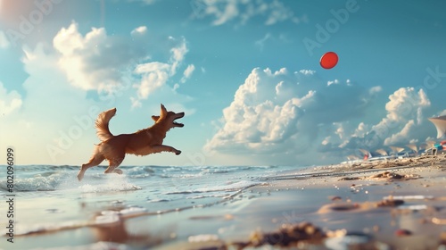 A beach frisbee game with a dog leaping to catch the disc. photo