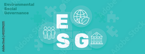 Environmental, Social and Corporate Governance. ESG concept. Banner with letters and icons in circles and puzzles. Eco-friendly infographic. Vector illustration