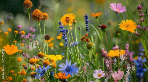 Close-up of a cluster of wildflowers with different textures and colors, showcasing their intricate beauty and diversity