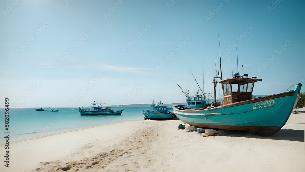 Sunny Beach Paradise with a Lone Fishing Boat Sunny Beach Paradise with a Lone Fishing Boat
