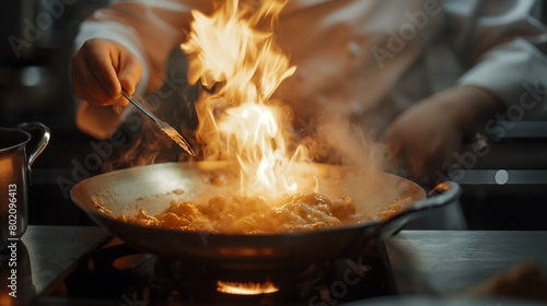 A chef flambeing a dish in a dimly lit, upscale restaurant. photo
