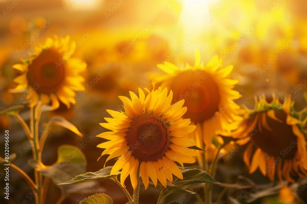 Fototapeta premium Close-up of a sunflower field at sunset, with the golden light bathing the flowers and casting long shadows