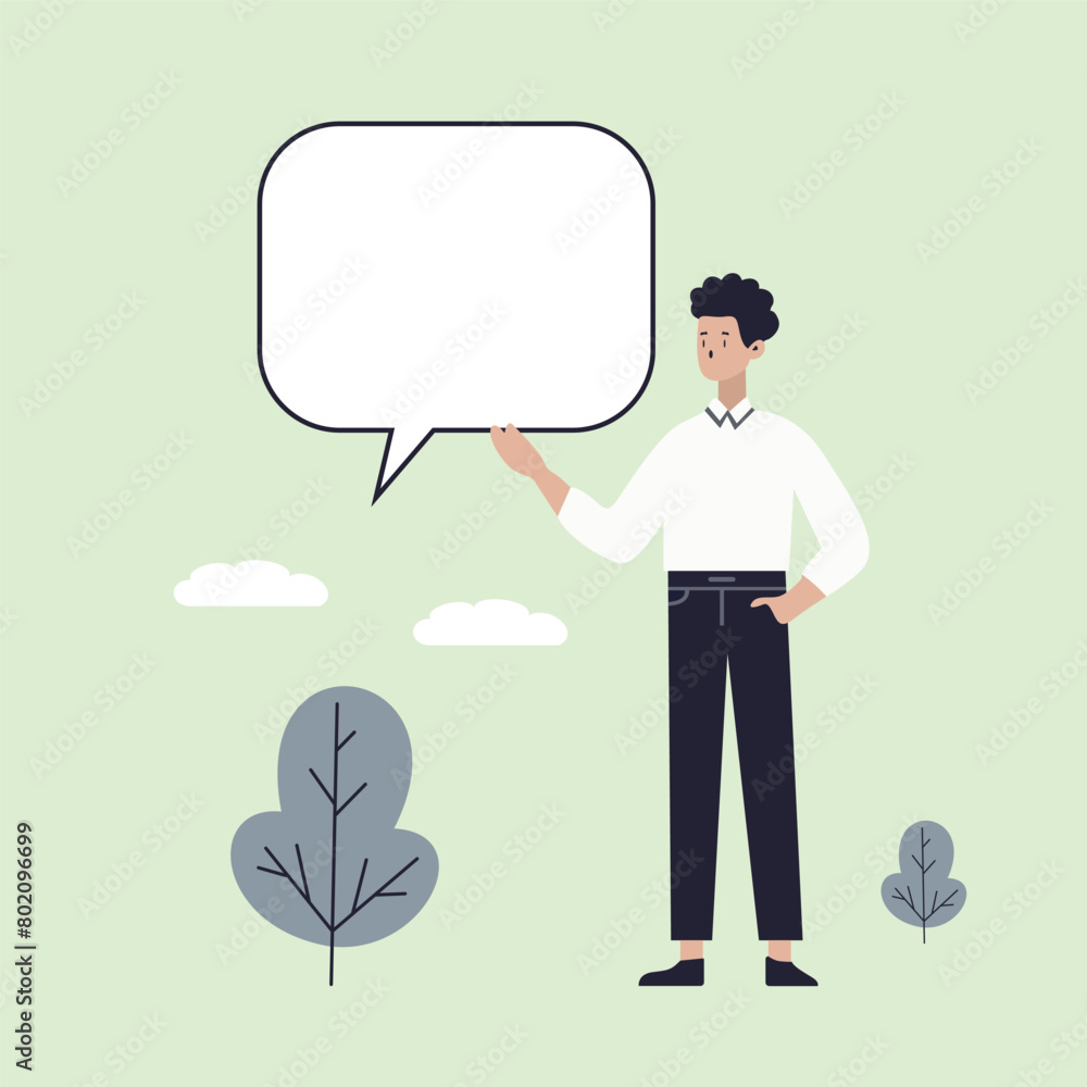 A cartoon style character stands holding a blank speech bubble, symbolizing social media, chat, conversation, and contact. This hand-drawn vector illustration represents the concept of communication
A cartoon style character stands holding a blank speech bubble, symbolizing social media, chat, conversation, and contact. This hand-drawn vector illustration represents the concept of communication