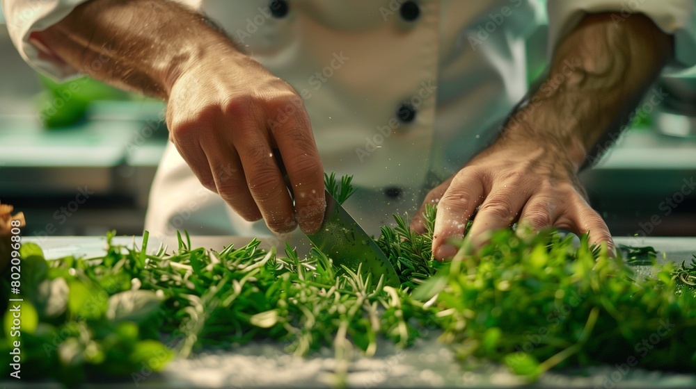 A close-up of a chefas hands chopping fresh herbs with precision.