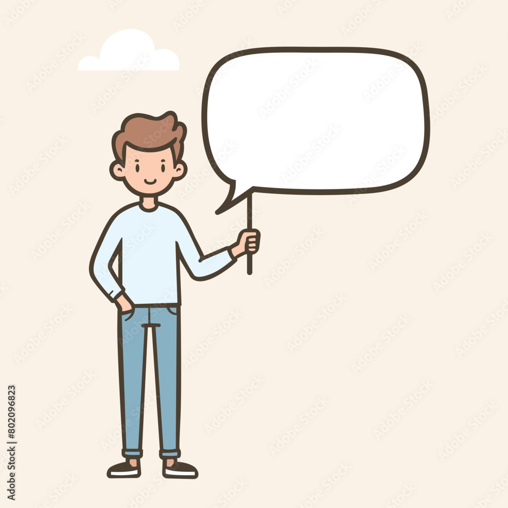 A cartoon style character stands holding a blank speech bubble, symbolizing social media, chat, conversation, and contact. This hand-drawn vector illustration represents the concept of communication
A cartoon style character stands holding a blank speech bubble, symbolizing social media, chat, conversation, and contact. This hand-drawn vector illustration represents the concept of communication