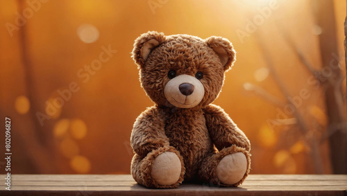 Endearing Brown Teddy Bear Stuffed Animal on Sunny Orange Background.