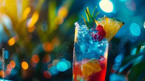 A close-up of a colorful cocktail with a tropical garnish.