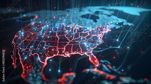 Digital map of USA, concept of North America global network and connectivity, data transfer and cyber technology, information exchange and telecommunication