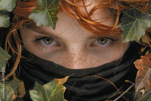 Woman With Freckled Hair and Scarf Covering Face photo