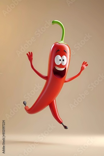chili cartoon character with style jumping into the air, 3d illustration of chili cartoon character, isolated on white background. photo