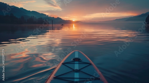 A close-up of a paddleboard on calm lake waters at dawn. © Eric