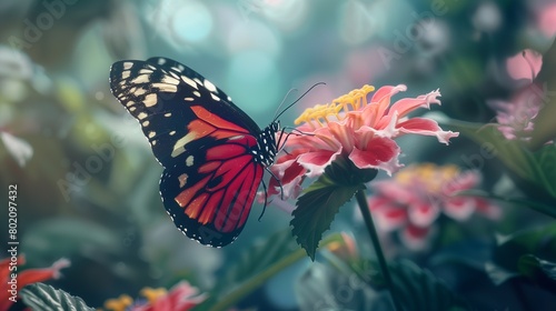 A close-up of a vibrant butterfly on a blooming flower.