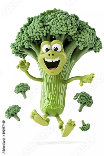 broccoli cartoon character with style jumping into the air, 3d illustration of broccoli cartoon character, isolated on white background. photo