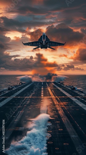 F-16 taking off from a carrier deck at sunset, ocean waves crashing against the ship