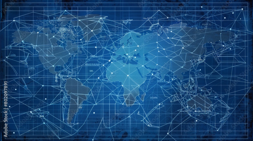 Global network map in blueprint style, major data centers marked, fiber-optic routes traced with dashed lines, ocean cables highlighted Global network map in blueprint style, major data centers marked, fiber-optic routes traced with dashed lines, ocean cables highlighted