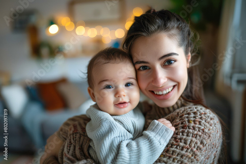 Young mother lovingly holds her baby at the living room background, conveying child care and happy family concept.