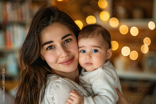 Loving  young latino mother embraces her baby in a home shot, illustrating child care and a joyous family atmosphere.