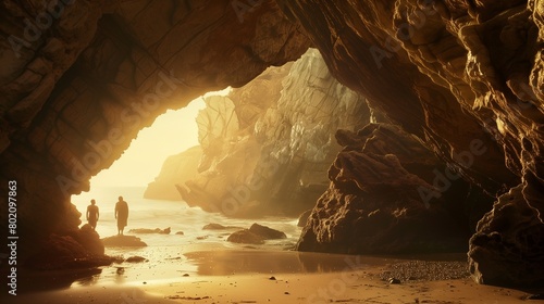 A couple exploring a hidden cave along the coastline, with sunlight streaming through openings in the rock formations.