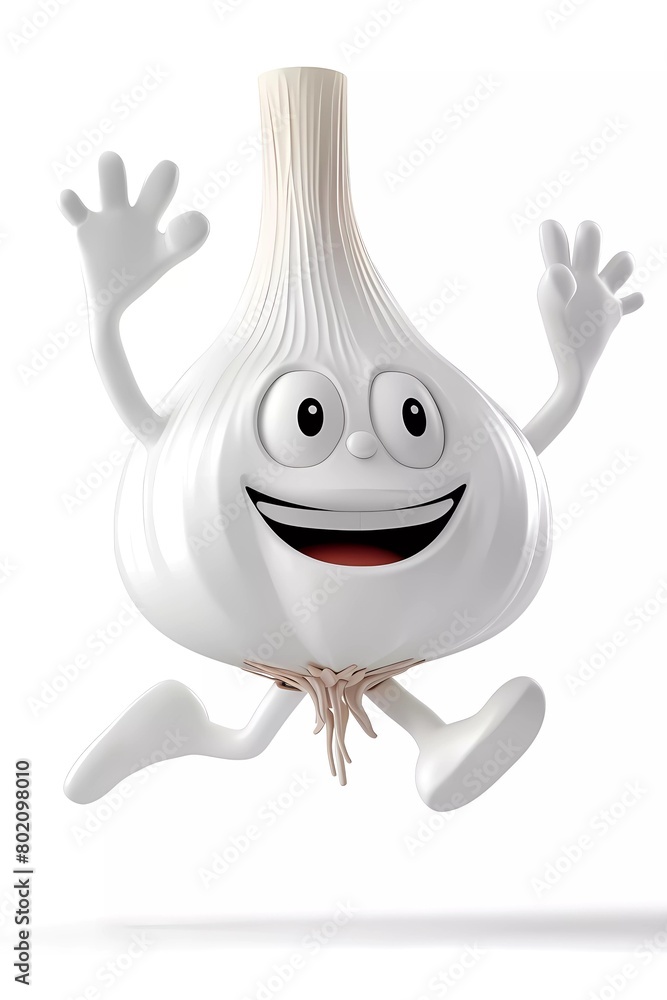 garlic cartoon character with style jumping into the air, 3d illustration of garlic cartoon character, isolated on white background. garlic cartoon character with style jumping into the air, 3d illustration of garlic cartoon character, isolated on white background.