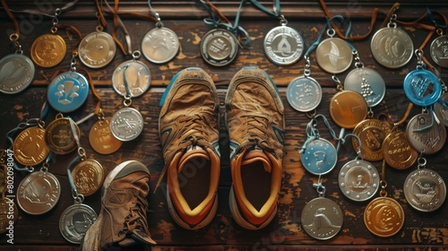 worn pair of running shoes displayed beside a collection of medals earned at races supporting various causes photo