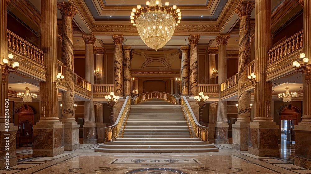 Obraz premium Palace ballroom reception area with a grand staircase and marble columns.