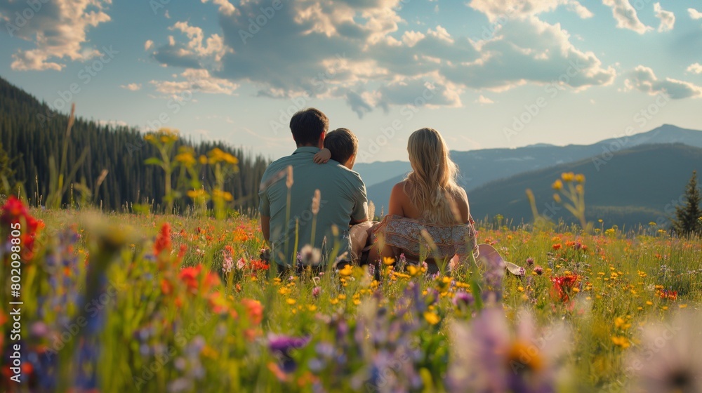 A family enjoying a picnic in a grassy field, surrounded by colorful wildflowers.