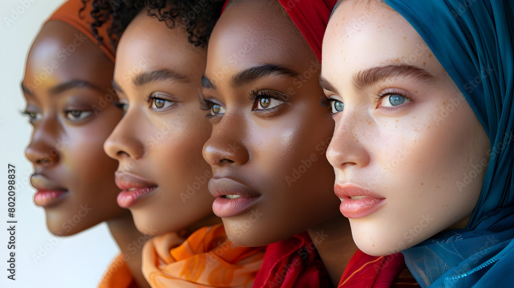 Colorful Group of Women in Headscarves, To showcase the beauty and diversity of women from different cultures and backgrounds, promoting unity, Colorful Group of Women in Headscarves, To showcase the beauty and diversity of women from different cultures and backgrounds, promoting unity,