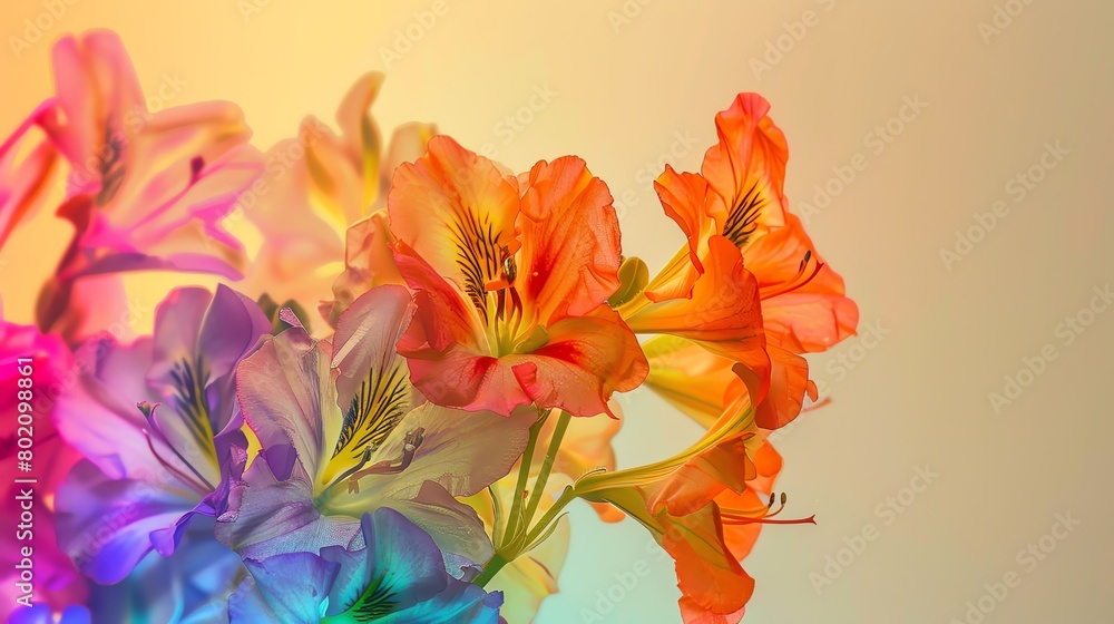 Closeup of Rainbow Shower flowers, gentle cream background, botanical arts magazine cover, warm indoor lighting, close frontal view
